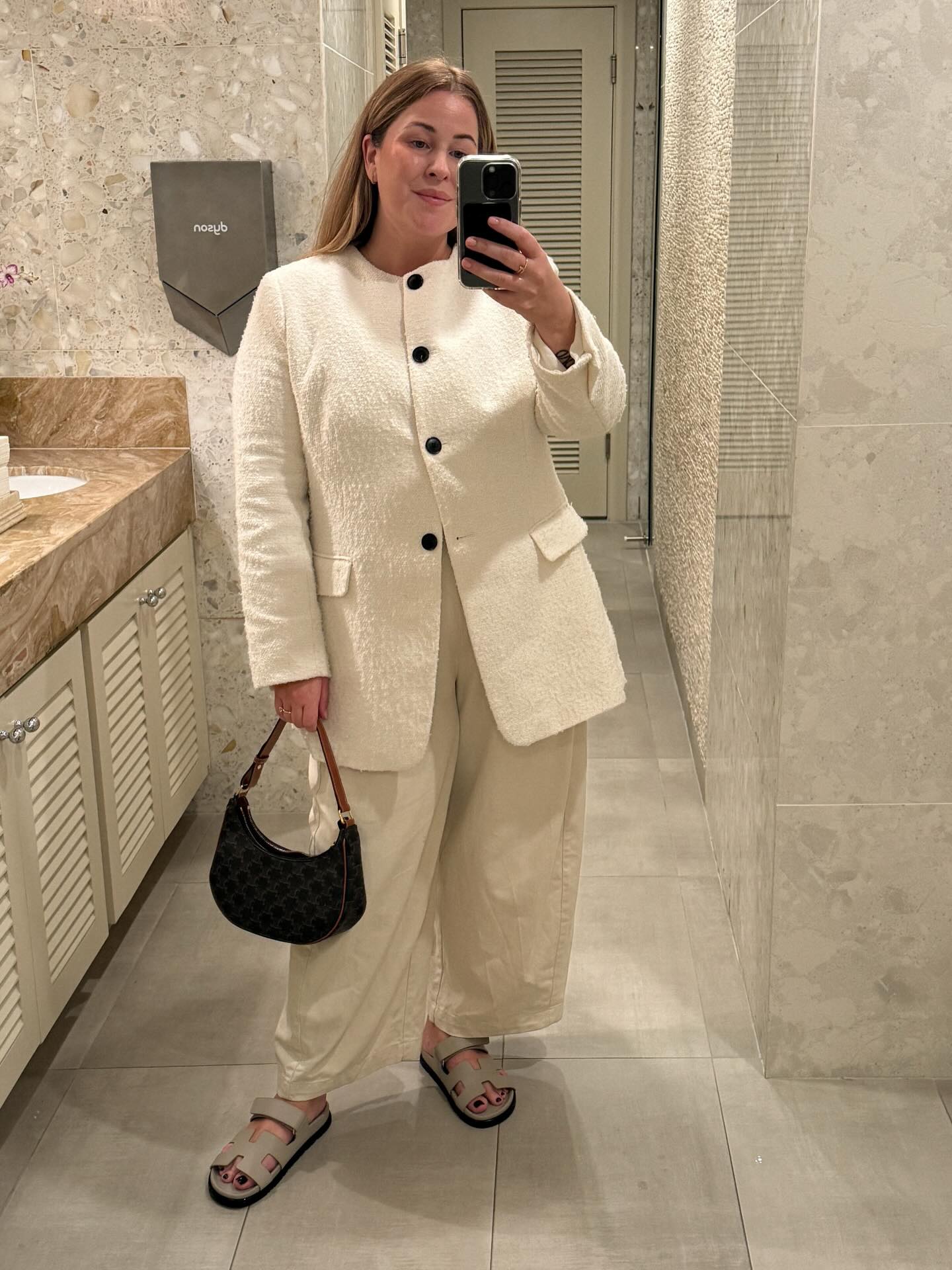A Cream Textured Jacket with Wide-Leg Trousers for Tonal Dressing