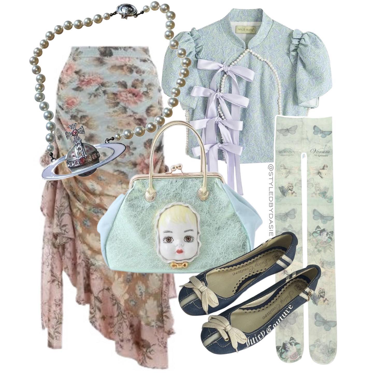 A Soft Blue Bow Blouse with a Floral Skirt for Romantic Daytime Style