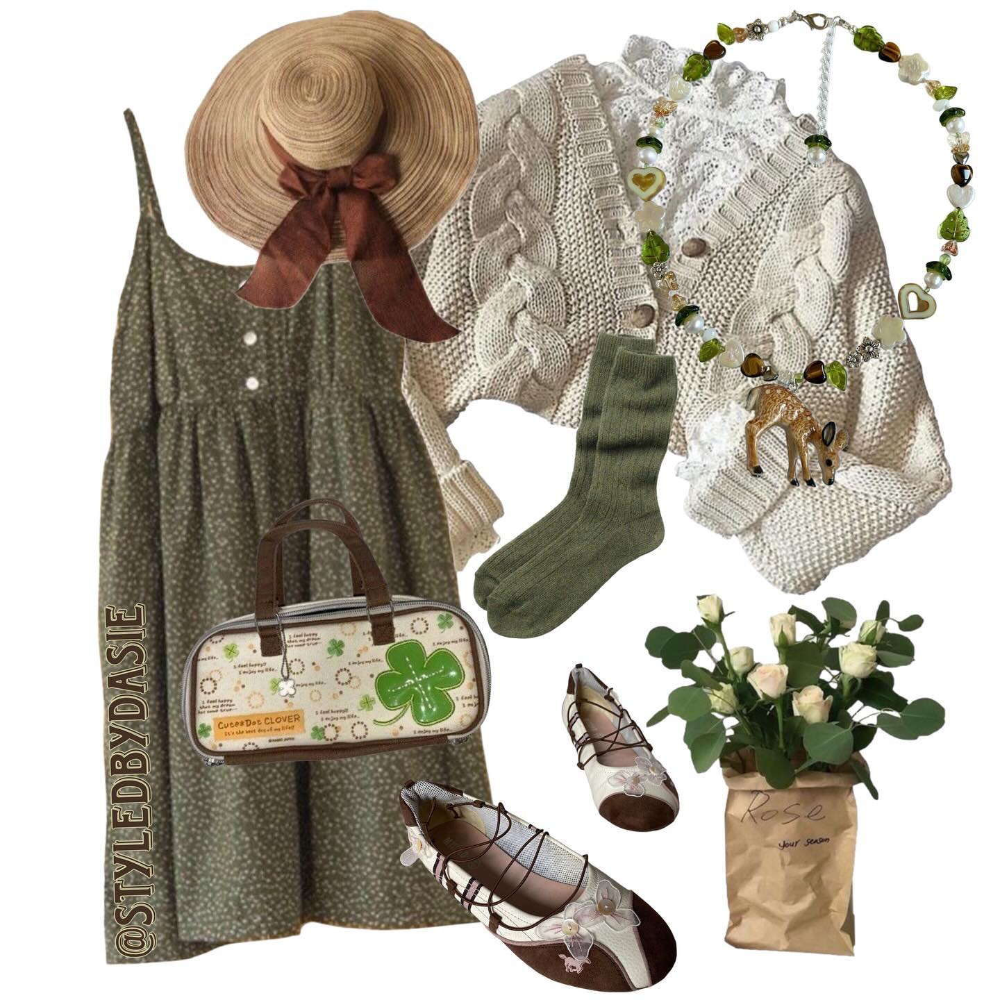 An Olive Floral Dress with a Cable-Knit Cardigan for Transitional Days